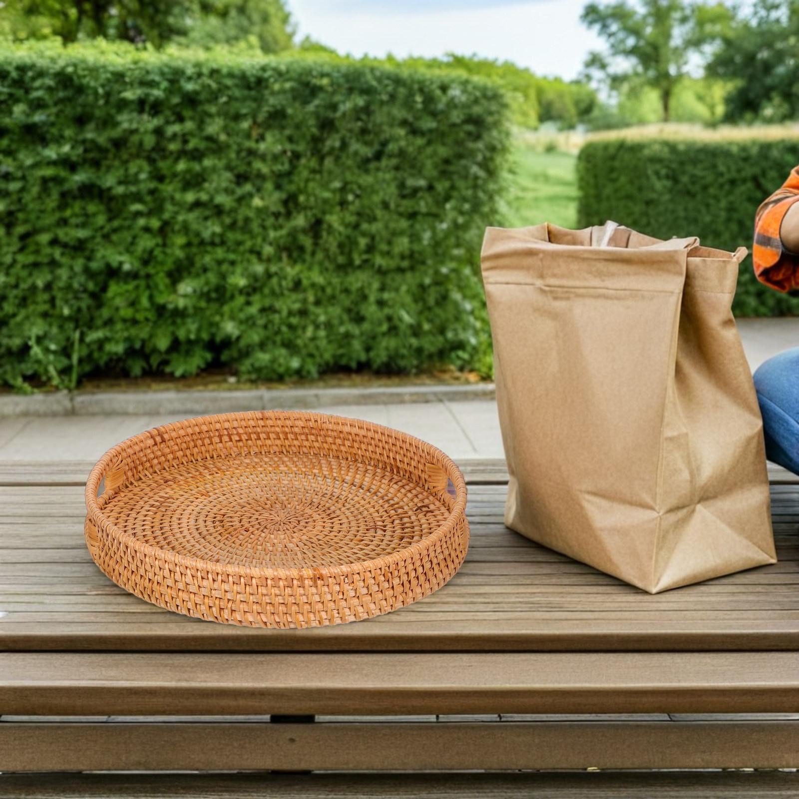 14-Inch Woven Rattan Tray Roun - Rattan Tray Handle ulasan dan harga